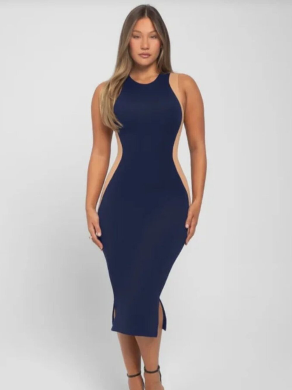 TA3 Illusion Contour Column Dress in Midnight/Sand 3X
